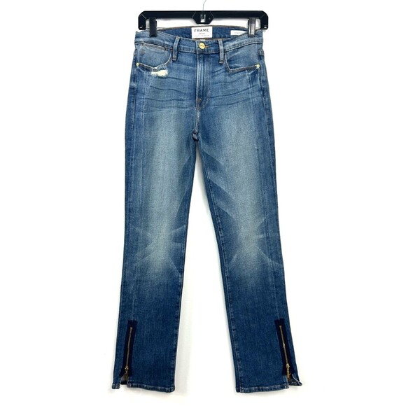 Frame Le High Straight Women Sz 27 Zipper Hem High Rise Blue Denim Distressed N3 - Picture 1 of 12